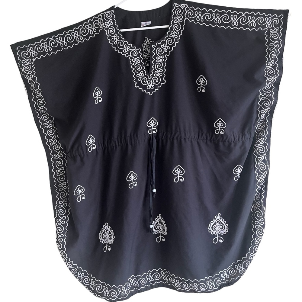 Black Embroidered Boho Drawstring Tunic